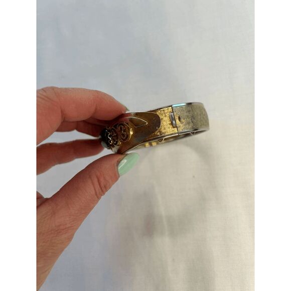 Vintage Gold Tone, Black Jem Wide Snap Bracelet, Scroll, Textured, Mid-Century - Picture 7 of 7